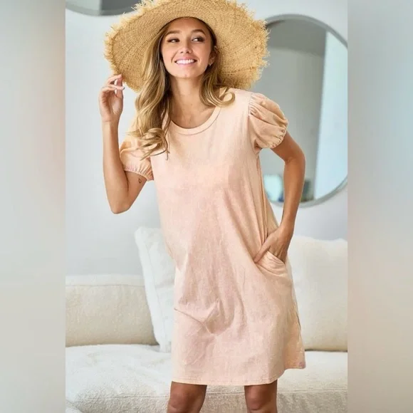 BiBi Pink Puff Sleeve Mineral Wash Dress - Picture 1 of 9